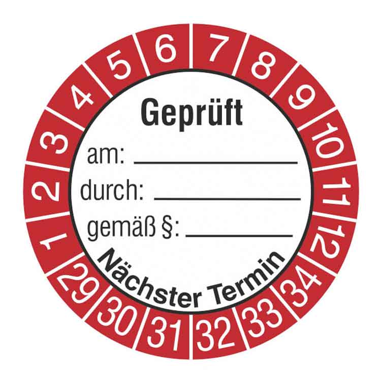 Prüfplakette - Geprüft am ... durch ... gemäß ... - Dokumentenfolie - Weiss/Rot/Schwarz