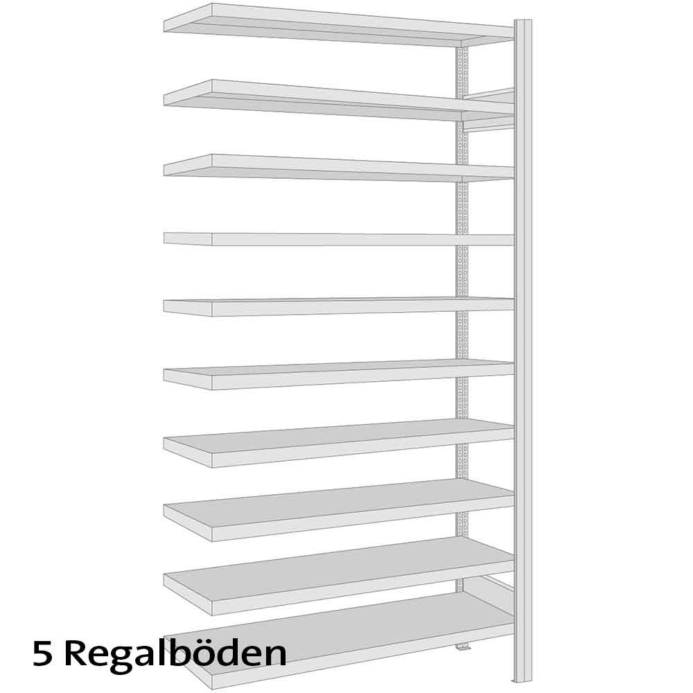 BERT-Einzelregal - Anbauregal mit 5 Stahlfachböden - B 1005 x H 2000 x T 300 - 600 mm - ohne Regalkästen