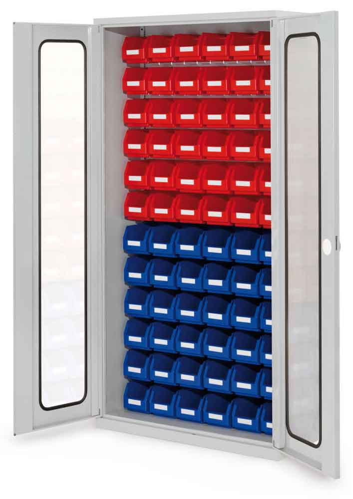 RasterPlan® - Schlitzplattenschrank Modell 54 - bestückt mit Lagersichtkästen - Türen wählbar