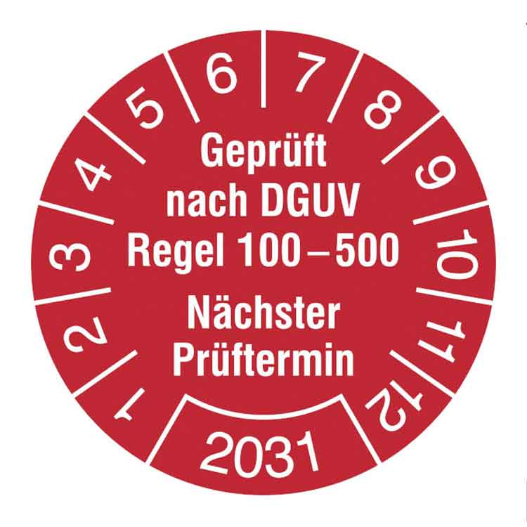 Prüfplakette - Geprüft nach DGUV Regel 100-500 - Nächster Prüftermin - in Jahresfarbe - Dokumentenfolie
