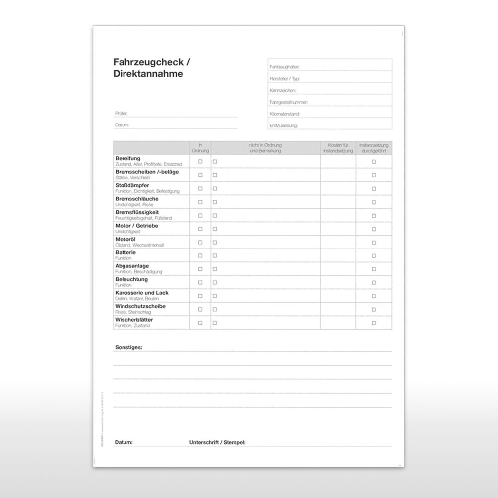 Block Fahrzeugcheck / Direktannahme - Format DIN A4