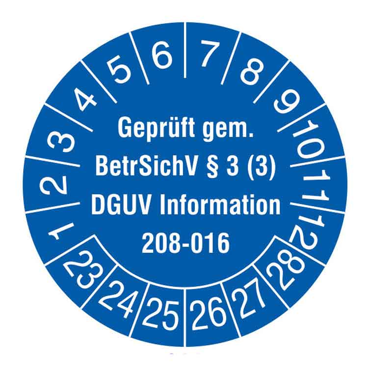 Prüfplakette - Geprüft gem. BetrSichV §3 (3) - DGUV Information 208-016 - in Jahresfarbe