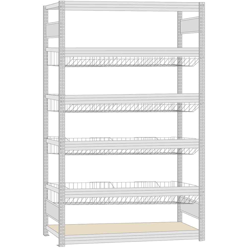 BERT-Kleinteileregal mit Gitterwannen - Grundfeld- Höhe 2000 mm - Breite 1005 mm - 6 Lagerebenen - 150 kg