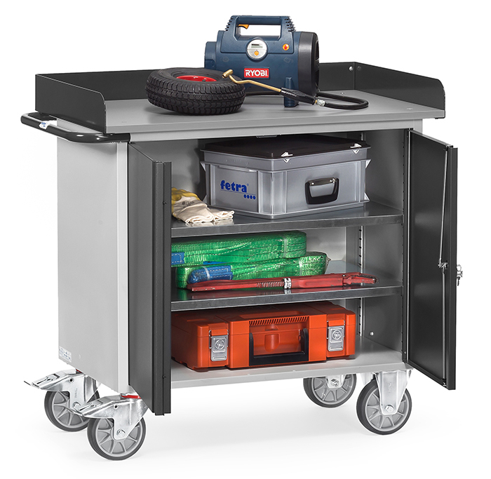 12456_7016_live-bc4e23 Werkstattwagen GREY EDITION - Schrank mit 2 Türen und 2 Einlegeböden - Arbeitsplatte mit Abrollrand