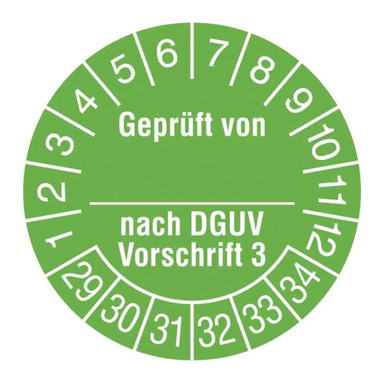 Prüfplakette - Geprüft von ... nach DGUV Vorschrift 3 - in Jahresfarbe - Dokumentenfolie