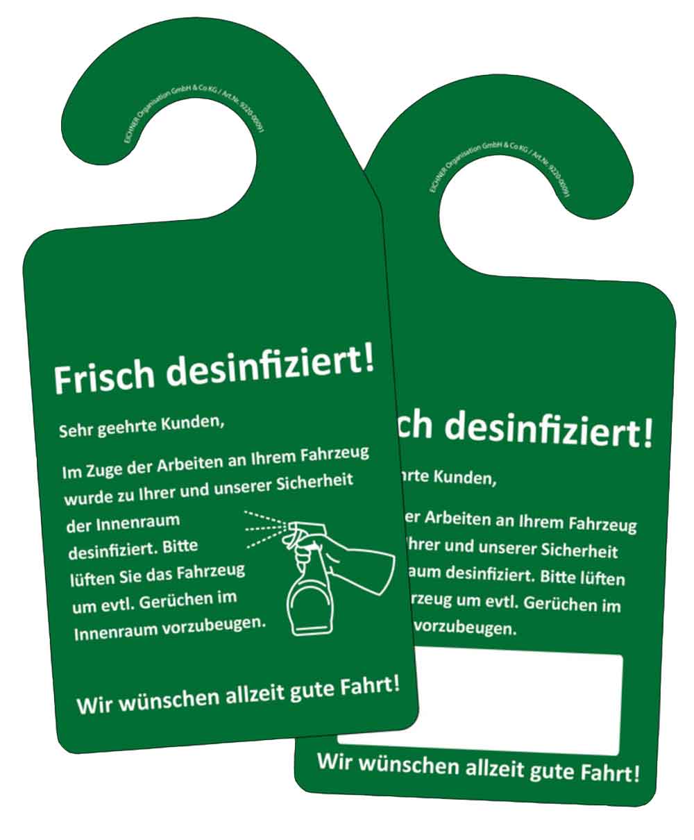 Kundendienst-Spiegelanhänger - "Frisch desinfiziert"!