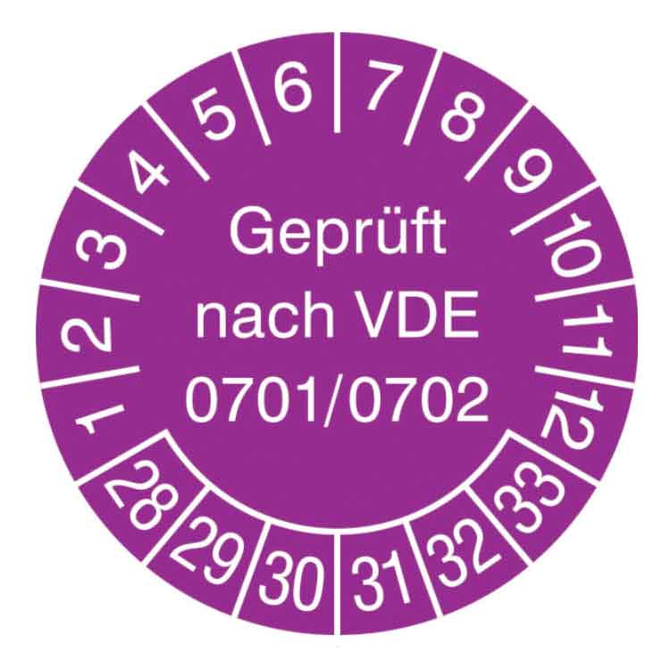 Prüfplakette Geprüft nach VDE 0701/0702 - in Jahresfarbe