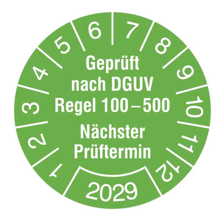 Prüfplakette - Geprüft nach DGUV Regel 100-500 - Nächster Prüftermin - in Jahresfarbe - Dokumentenfolie
