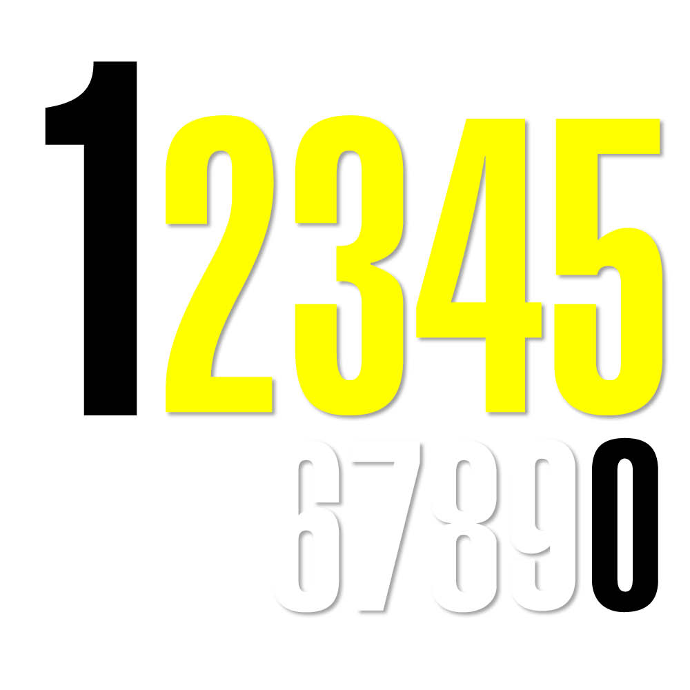 Zahlen 0-9 - Folie - Block Schmal - Höhe 20-100 mm - 3 Farben Zahlen 0-9 - Folie - Block Schmal - Höhe 20-100 mm - 3 Farben