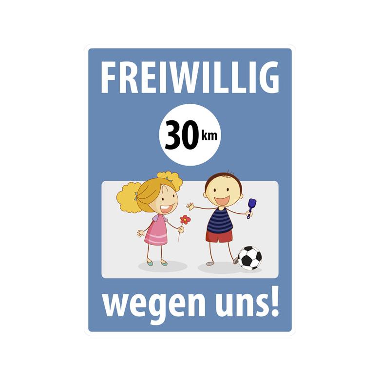 Spielplatzschild mit Anti-Graffiti-Oberfläche - Symbol und Text: Freiwillig 30 km/h wegen uns!