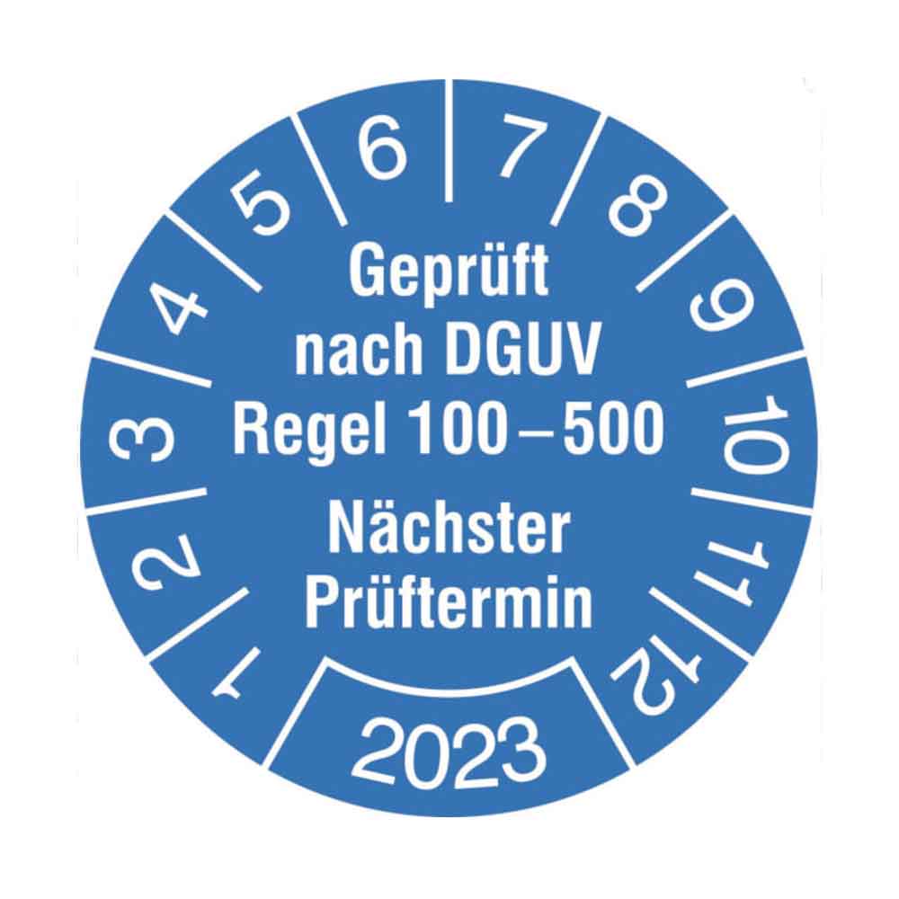 Prüfplakette auf Bogen - Geprüft nach DGUV Regel 100-500 - Nächster Prüftermin