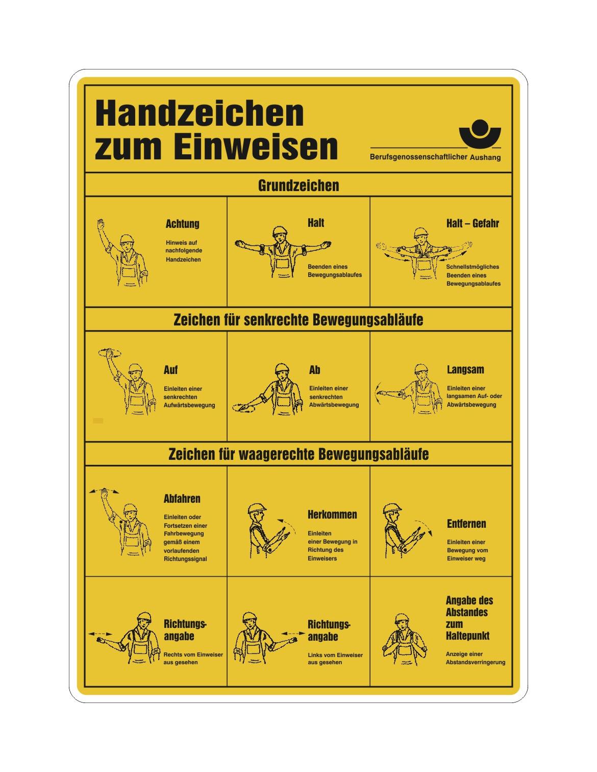 Aushang Berufsgenossenschaft - Handzeichen zum Einweisen