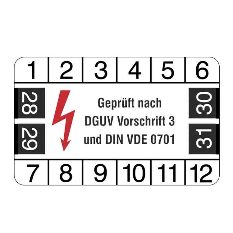 Prüfplakette - Geprüft nach DGUV Vorschrift 3 und DIN VDE 0701 - Weiss/Schwarz