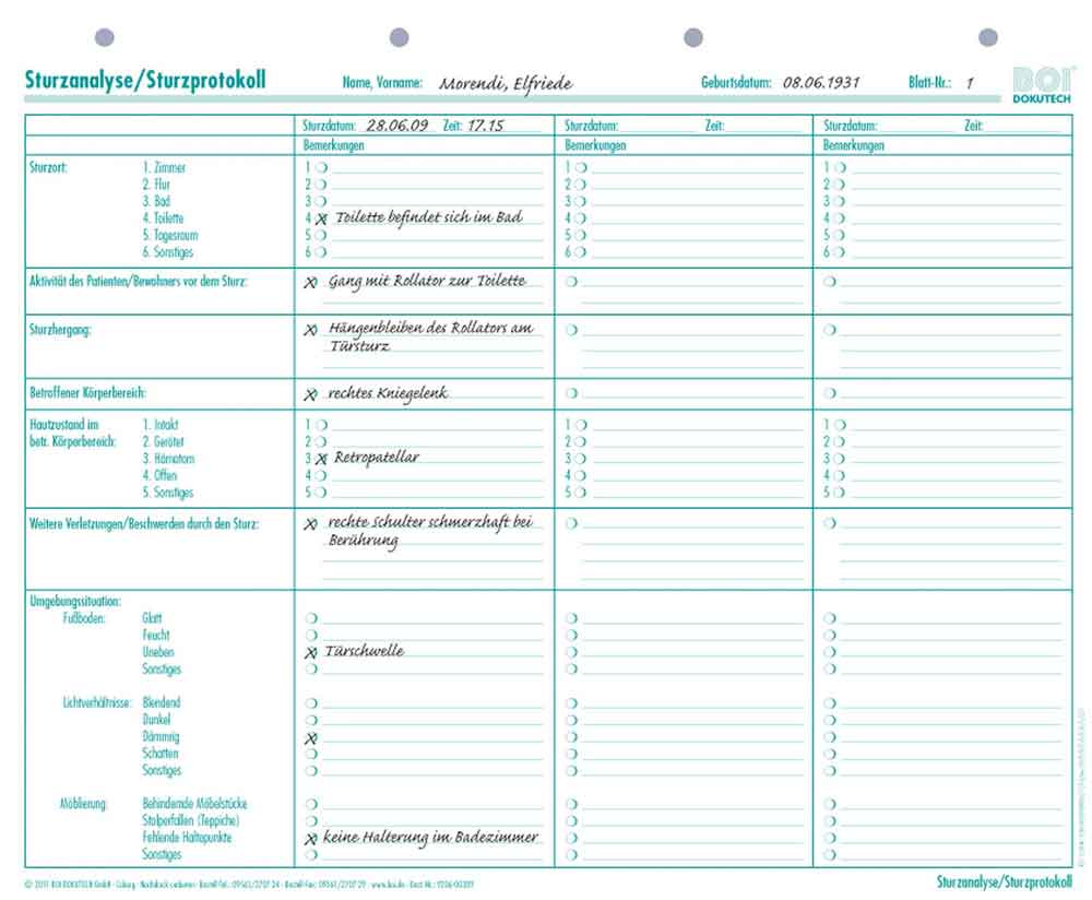 Formular "Sturzanalyse/-protokoll" - Zubehör für Dokumentationsmappen Formular "Sturzanalyse/-protokoll" - Zubehör für Dokumentationsmappen