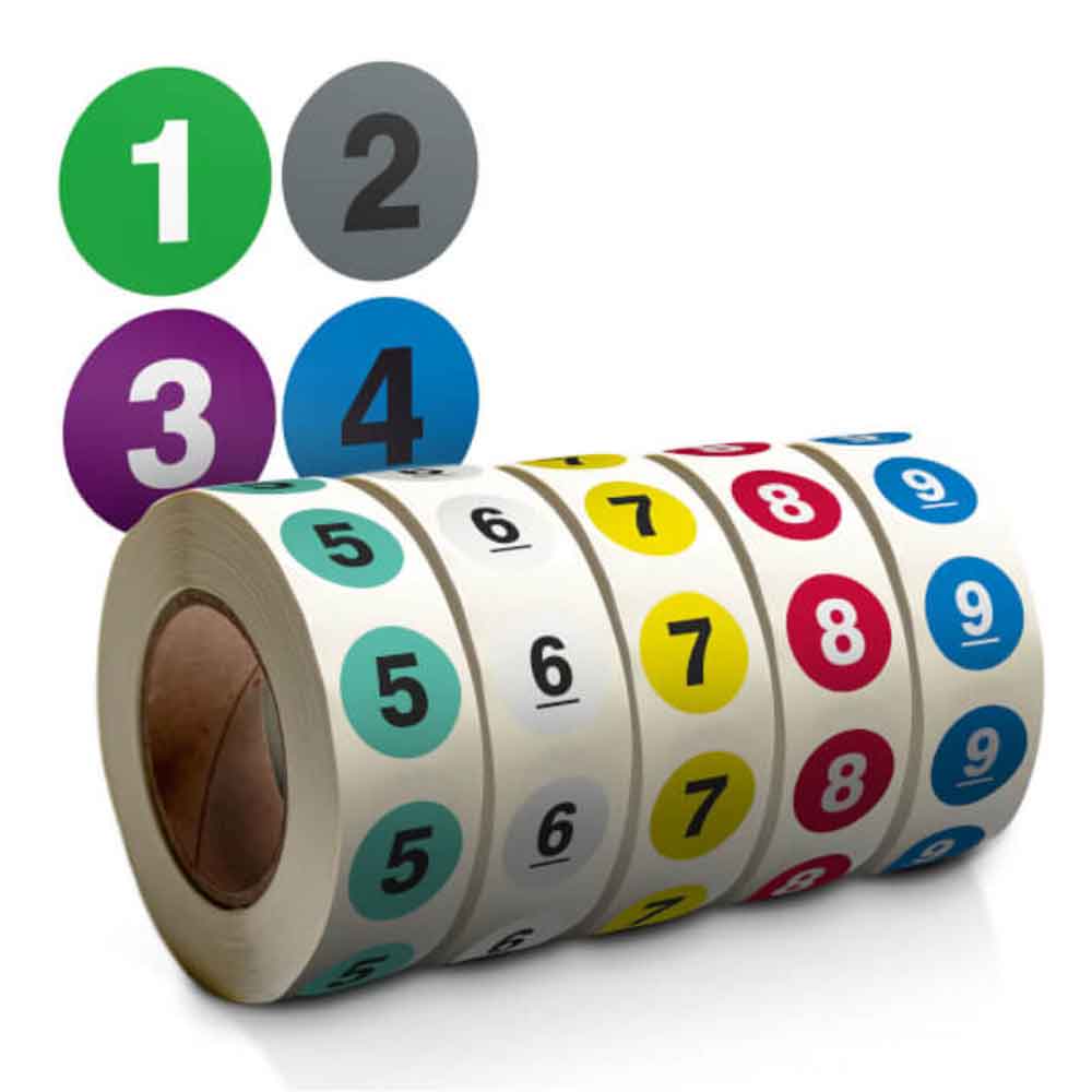 Nummerierte Etiketten - Rolle - Zahlen: 01-10 - rund - 11 Farben