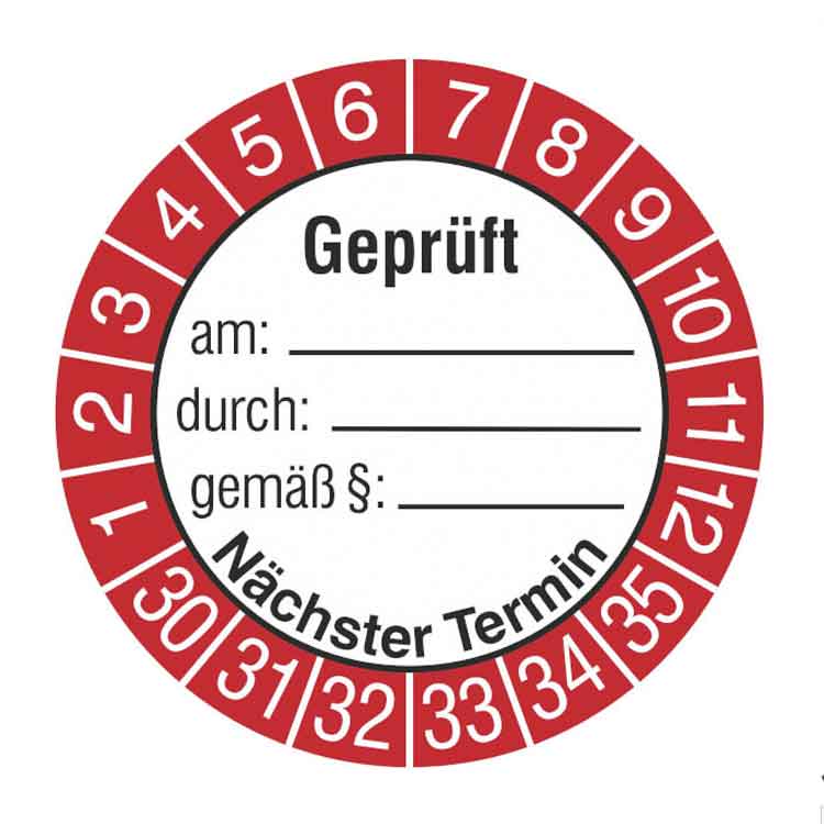 Prüfplakette - Geprüft am ... durch ... gemäß ... - Dokumentenfolie - Weiss/Rot/Schwarz