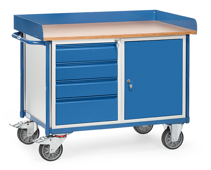 2438-1ab232 Werkstattwagen - Ladefläche mit 80 mm hohem Rand - 1 Stahlschrank und 1 Schubladenschrank