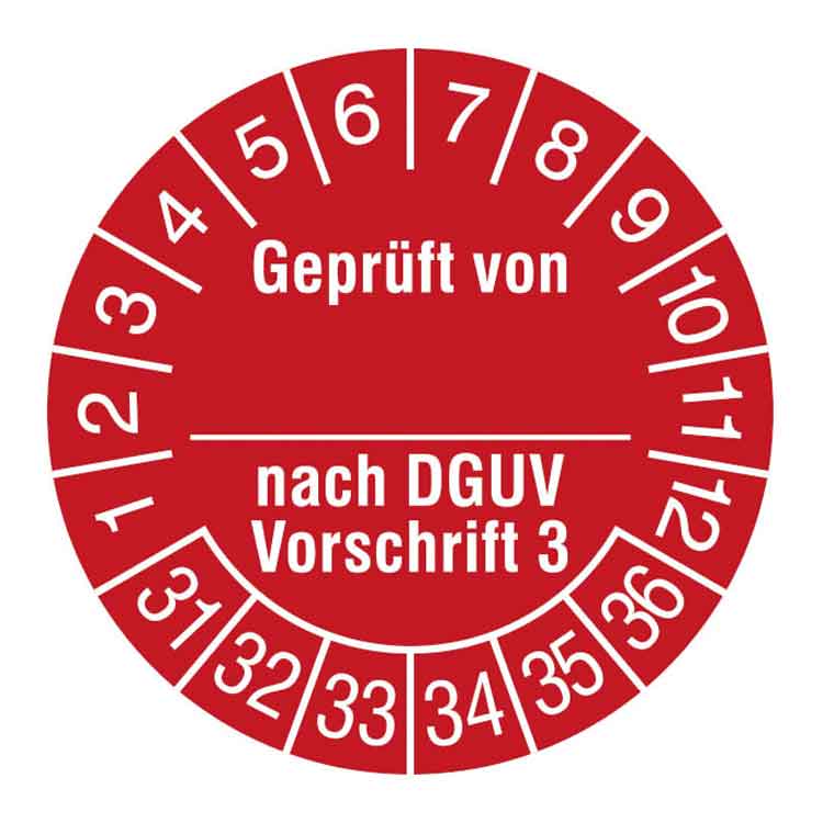 Prüfplakette - Geprüft von ... nach DGUV Vorschrift 3 - in Jahresfarbe - Dokumentenfolie
