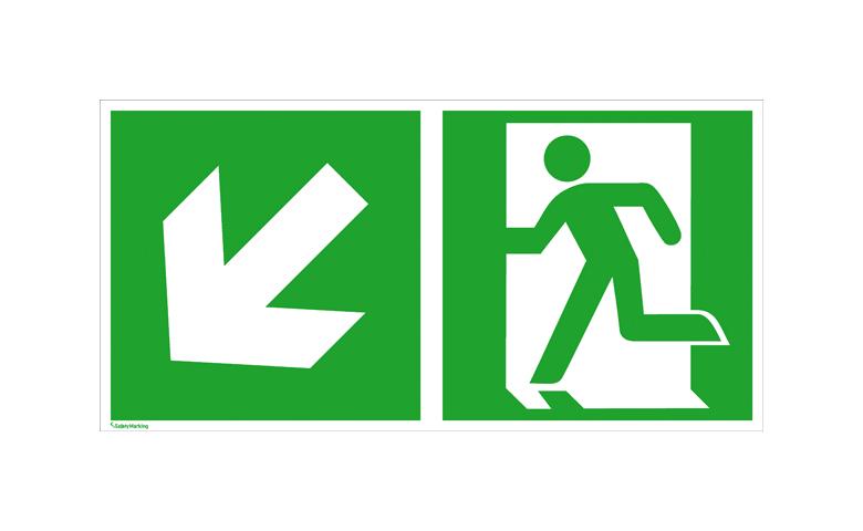 Fluchtwegschild - langnachleuchtend - Notausgang links mit Zusatzzeichen: Richtungsangabe links abwärts