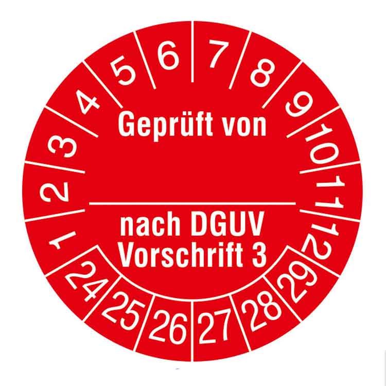 Prüfplakette - Geprüft von ... nach DGUV Vorschrift 3 - in Jahresfarbe - Dokumentenfolie