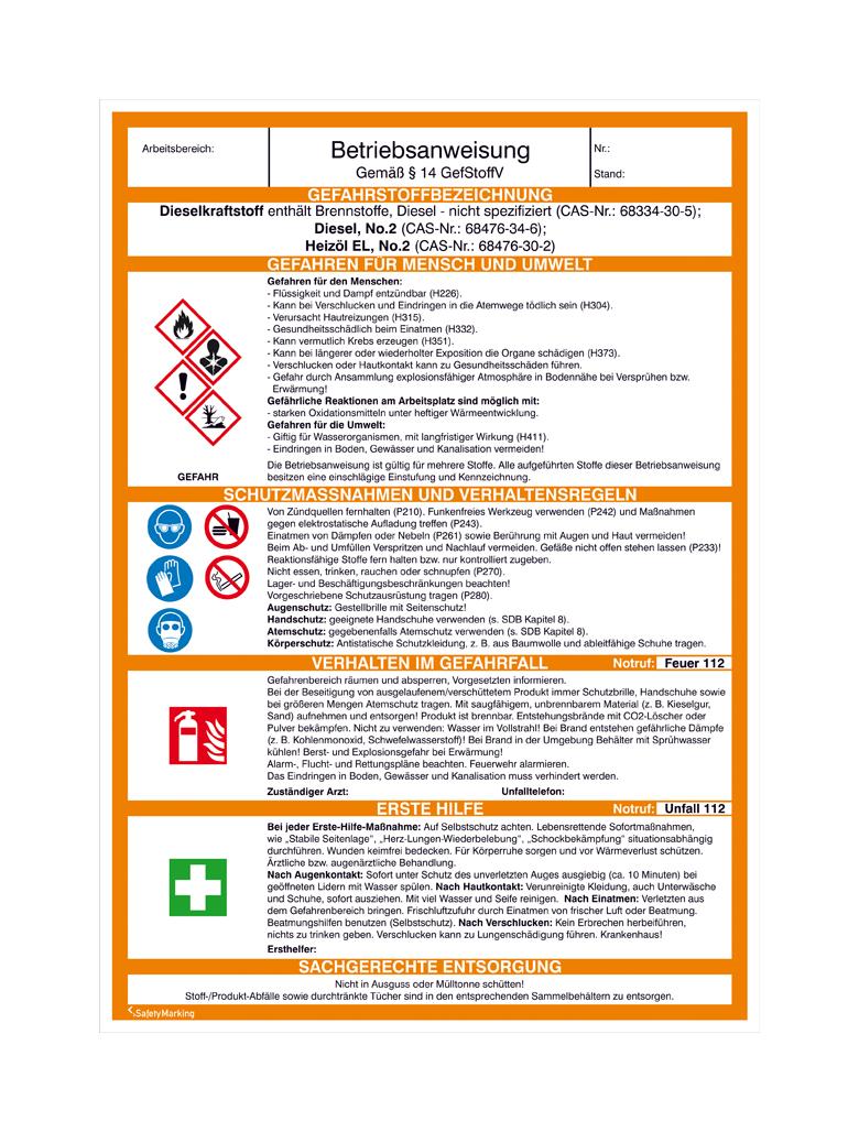 Gefahrstoff-Betriebsanweisung - Heizöl und Diesel