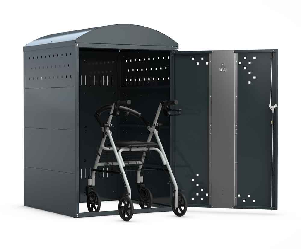 Rollatorbox B - Stahlblechkonstruktion mit Bogendach Rollatorbox B - Stahlblechkonstruktion mit Bogendach