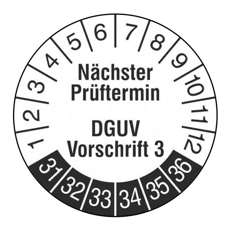 Prüfplakette - Nächster Prüftermin DGUV Vorschrift 3 - Weiss/Schwarz - PVC-Folie