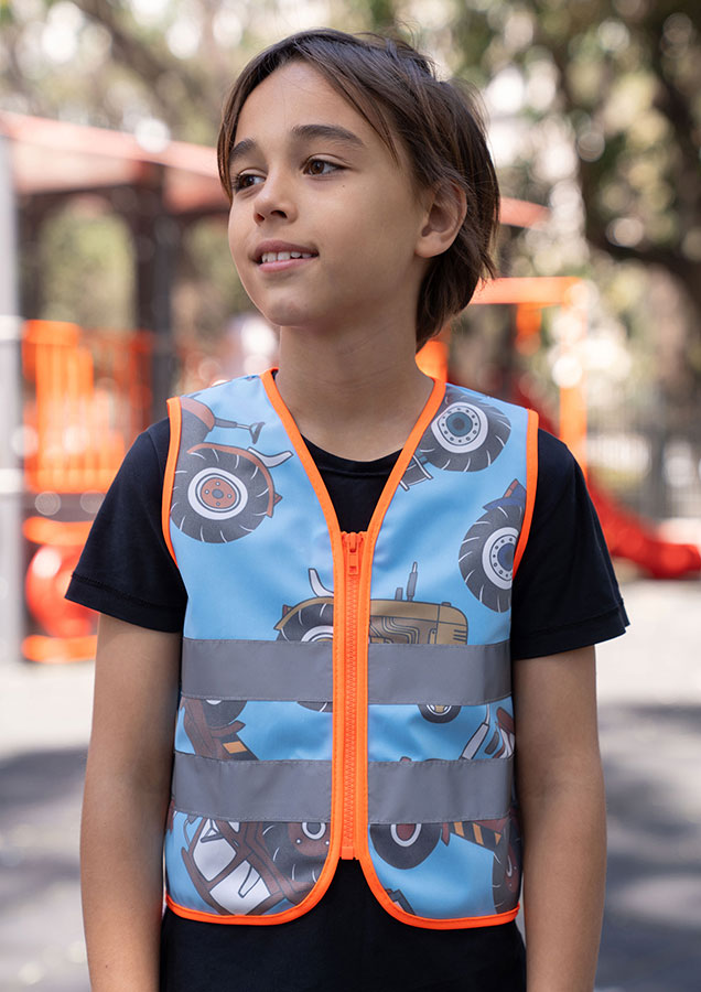Korntex® Kinder Warnweste Action „Working Heroes“ - CO2 Neutral - Blau/Traktor - XS